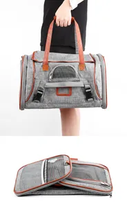 Detail of foldable breathable gray pet carrier bag showing portability and storage state.