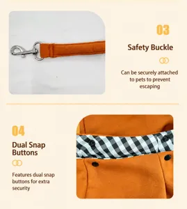 Close-up detail of pet carrier bag featuring metal safety hook and reinforced snap buttons