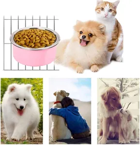 Rosa hängender Futternapf aus Edelstahl für Hunde und Katzen mit Lifestyle-Fotos.