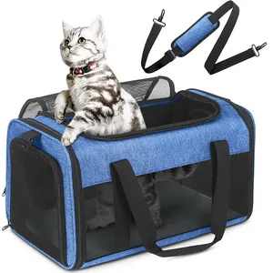 Sac de transport bleu respirant pliable pour chats et petits chiens avec bandoulière