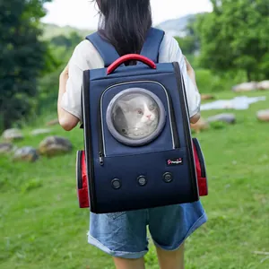 Primer plano de una mochila para gatos con cápsula espacial transpirable al aire libre.