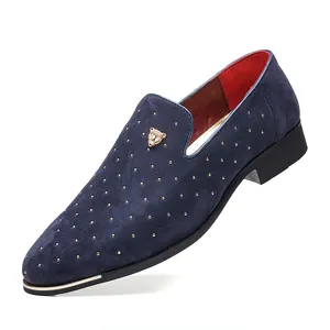 Ανδρικά loafers από μπλε σουέτ με χρυσά τρουκς και διακοσμητικό έμβλημα πάνθηρα