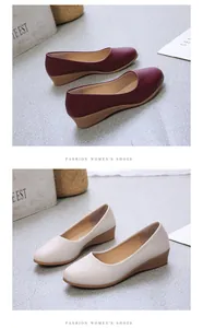 Detail showing burgundy and white women's soft leather wedge shoes on a textured floor