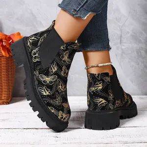Botas Martin de Mujer Talla Grande con Estampado de Mariposas Otoño Invierno Estilo Occidental Chelsea Suela Track