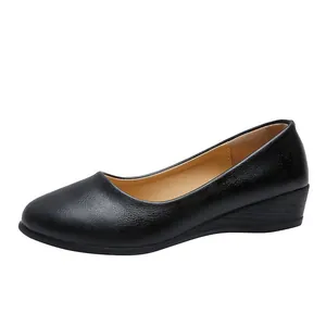 Elegant black soft leather pointed-toe wedge pumps for women for spring autumn