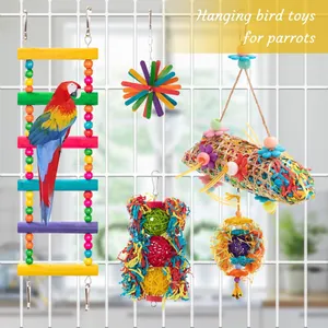 A variety set of 5 colorful hanging bird toys for parrots and larger parakeets