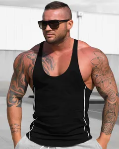 Close-up of black men's quick-dry fitness tank top with white side piping accents