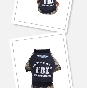 Detailed macro view of FBI working dog USA winter pet jacket with camouflage sleeves