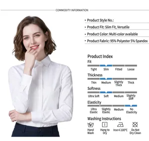 Detailed product specifications for a slim-fit white long-sleeve business shirt for women