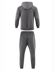 Back view of men's gray hooded tracksuit set featuring raglan sleeves and jogger pants