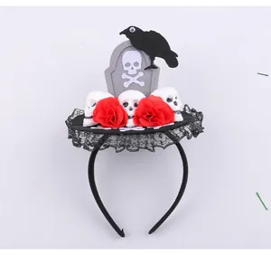 Detailed view of Halloween headband with skulls, tombstone, red roses, and a black crow