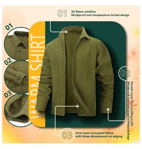 Detalle de camisa polar verde oliva para hombre con forro cálido y puños.