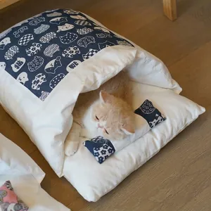 Sacco a pelo per gatti semi-chiuso con graziosi motivi di gatti blu scuro per inverno