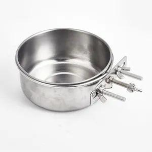 Stainless steel cage-mounted pet feeding bowl with adjustable screw clamp mechanism