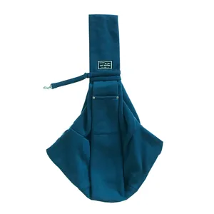Dark teal pet sling carrier bag with safety leash and front pocket for cats and small dogs