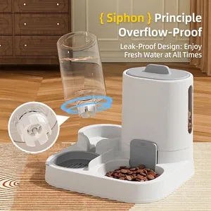 Automatic pet feeder and waterer station with siphon system for cats and dogs