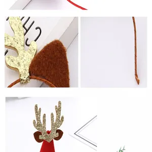 Macro view of cute Christmas headband showing glittery reindeer antlers and soft fuzzy ears.