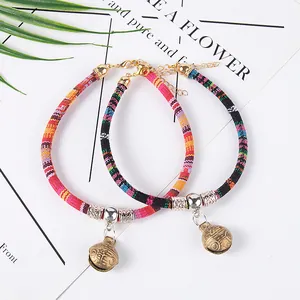 Ethnic style pet collar with bronze bell for dogs and cats colorful woven neck strap