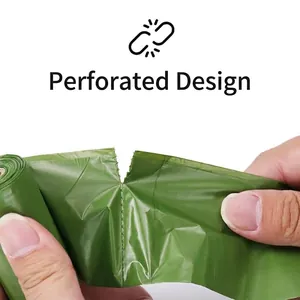 Green degradable scented pet waste bags featuring a convenient easy-tear point-break design