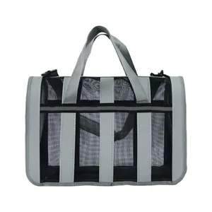 Large breathable mesh pet carrier bag for cats and dogs with grey Oxford straps