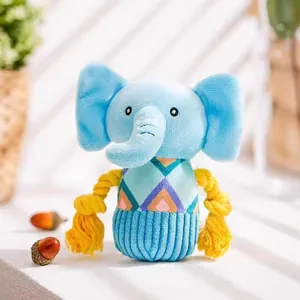 Close-up detail of a blue plush elephant pet toy featuring durable cotton ropes for chewing