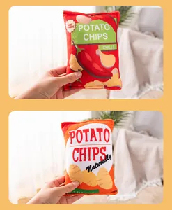 Close-up detail of plush simulation potato chip squeaky dog toys with crinkle paper