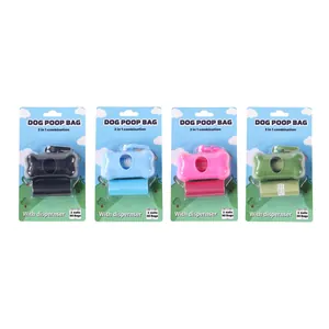 Dog poop bag dispenser set in four colors with 2 rolls of bags in blister packaging.