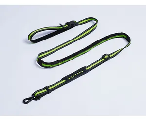 Detailed view of the reflective fluorescent green running dog leash with waist buckle