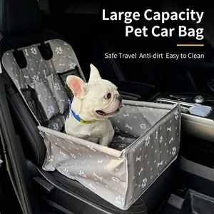 Large capacity foldable pet car seat carrier for dogs and cats in grey patterned fabric