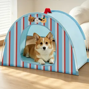 Tienda de campaña portátil a rayas azules para perros pequeños y gatos con dibujos animados
