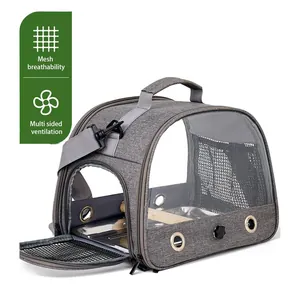 Grey portable pet bird carrier bag with transparent PVC window and ventilation mesh