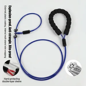 Close-up view of a heavy-duty blue steel wire P-chain dog leash with a soft foam handle