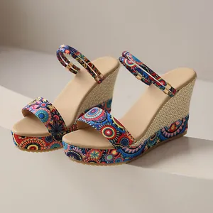 Detailed side view of ethnic wedge sandals featuring vibrant patterns and jute texture