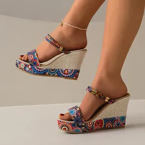 Detailed side view of colorful ethnic print wedge sandals with platform woven heels