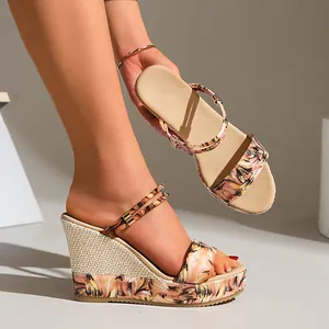 Stylish women's floral print ethnic style wedge sandals with woven platform detail