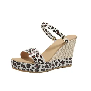 Stylish leopard print wedge sandals featuring a platform sole and woven texture details
