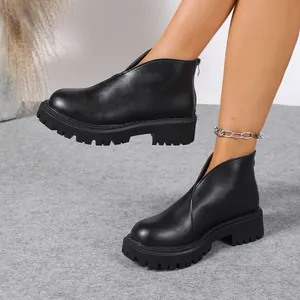 Women's stylish black platform ankle boots with chunky heels and convenient back zipper