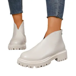 Chic off-white platform short boots for women with V-cut front and thick lug sole