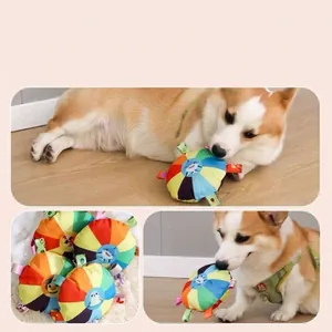 Colorful plush squeaky flying disc dog toy for interactive training and dental care