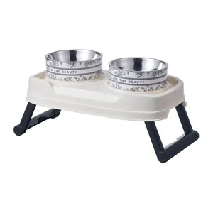 Raised double pet bowls with foldable stand and stainless steel inserts for dogs and cats