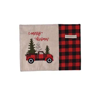 Festive Christmas placemat featuring a red and black buffalo check truck and tree design