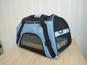 Breathable light blue pet carrier bag with black mesh panels for travel and transport