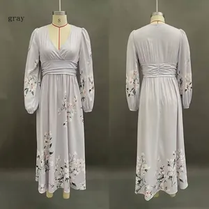 Front and back full view of gray V-neck floral pleated maxi dress on mannequin