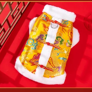 Gelber chinesischer Haustier-Tang-Anzug mit weißem Pelzbesatz und Drachenmuster für Neujahr
