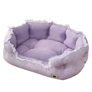 Soft purple pet sofa bed with elegant lace trim and polka dot pattern for cats and dogs