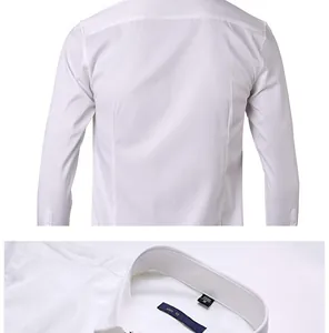 Back view and collar detail of a white slim-fit long-sleeve business shirt for men