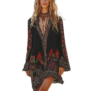 Ethno-Kleid mit V-Ausschnitt und langen Ärmeln im Boho-Stil für Damen im Frühling