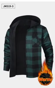 Men's green plaid hooded shirt with warm fleece lining and chest pocket detail