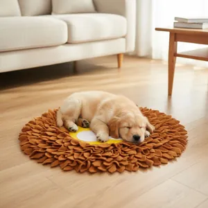 Detailed macro view of a brown lion-shaped pet snuffle mat with a sleeping puppy at home