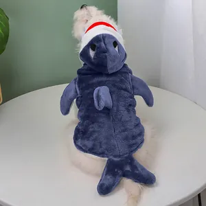 Plush blue shark pet costume for small dogs and cats, ideal for Halloween parties